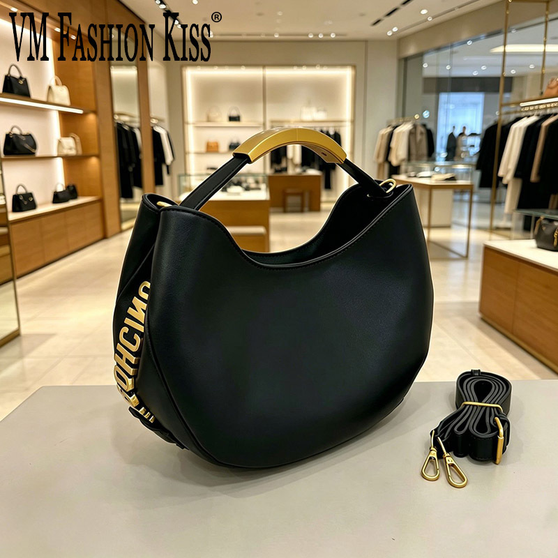 Luxury Bags Vendor - Halbkreisförmige Damen-Handtasche mit goldenem Schriftzug, Kordelzug