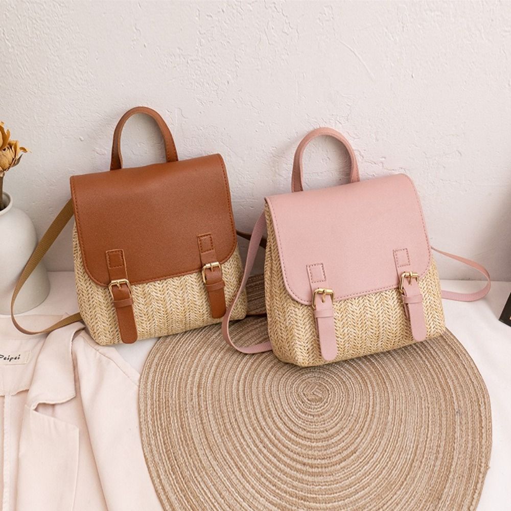 Luxury Bags Vintage - Modischer PU-Leder Stroh-Rucksack Retro-Design Vintage-Stil Geflochtener